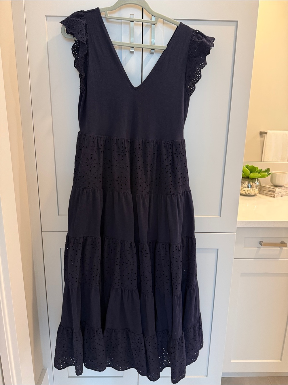 Boden Navy Eyelet Tiered V-Neck Midi Dress